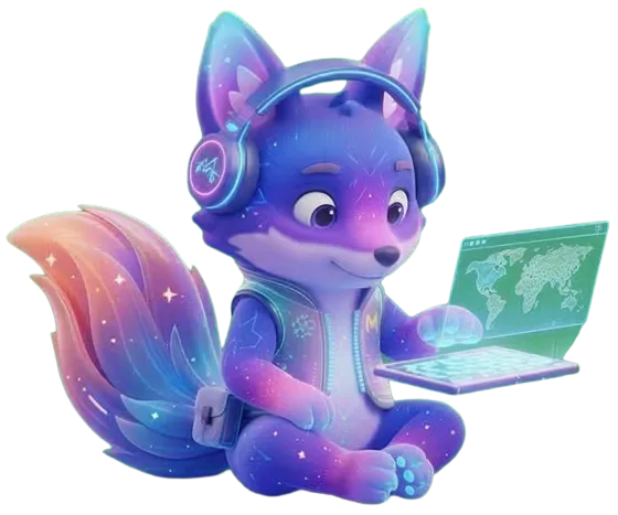 La mascotte Swishy, un renard violet avec un casque, sur son ordinateur