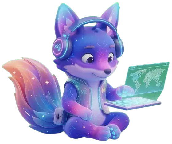 La mascotte Swishy, un renard violet avec un casque audio, sur son ordinateur
