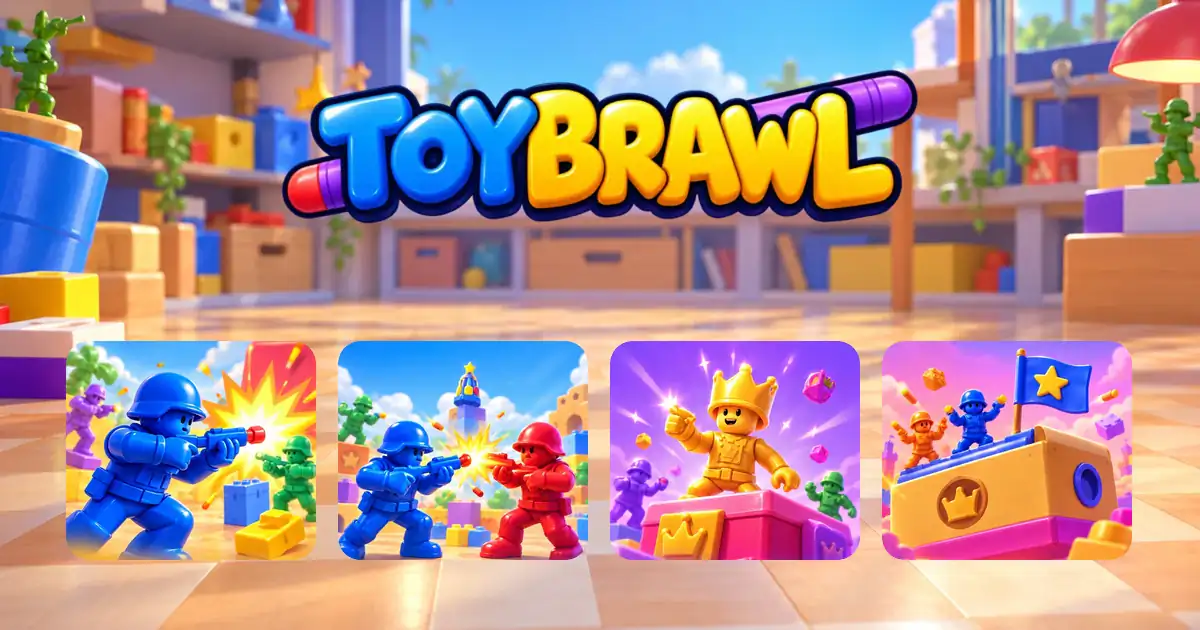 Affiche de ToyBrawl : le logo au-dessus des quatre modes, des figurines en plastique qui s'affrontent